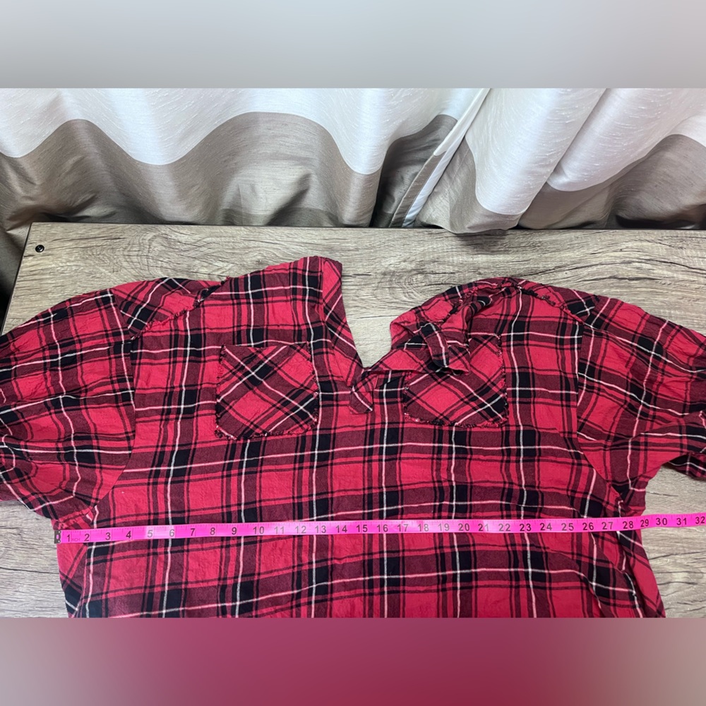 Free People Not Your Boyfriends Tunic Plaid Top Red‎ Oversized Balloon Sleeve Xs - Picture 6 of 8